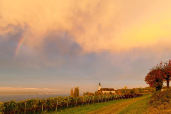 Birnau 0201-2010, Regenbogen und Morgenwolke über der Barockkir