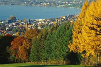 Bregenz, Herbstlicher Blick vom Gebhardsberg auf Bregenz und See