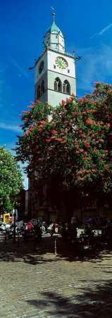 Überlingen, Kastanienblüte am Münsterturm HOCH