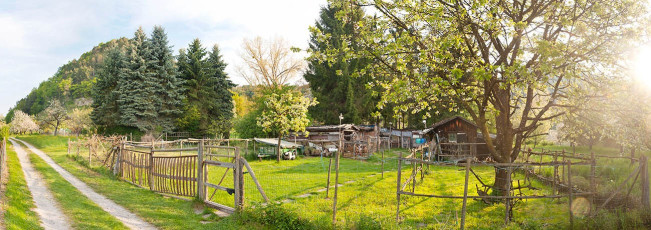 Sipplingen 0366-2011 PANO, Kleintiergehege im Morgenlicht
