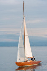 Immenstaad 0981-2012, Einsames Holzsegelboot im Abendlicht