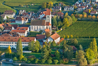 Hagnau 0958-2013, Luftaufnahme Ortskern mit Kirche im Herbst