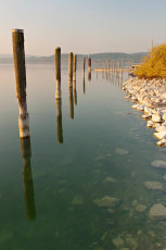 Radolfzell 0171-2011, Hafenmole und Dalben im Morgenlicht