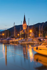 Sipplingen 0740-2014, Hafen und Kirche zur Blauen Stunde