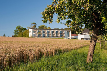 Hegne 0496-2009, Kornfeld und Hotel im Sommer