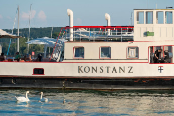Konstanz 0967-2015, Restaurantschiff 'Konstanz' mit Schwänen
