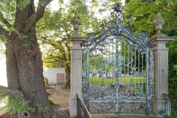 Mammern 0062-2014, Eisenportal des Schloss Mammerns am Seeufer