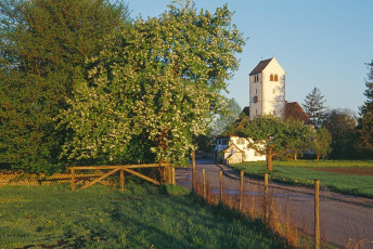Seefelden, Kapelle in der Frühlingsblüte QUER