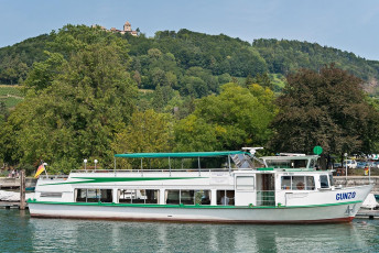 Stein am Rhein 0117-2012, Rheinschiff vor Stadt und Burg Hohenkl