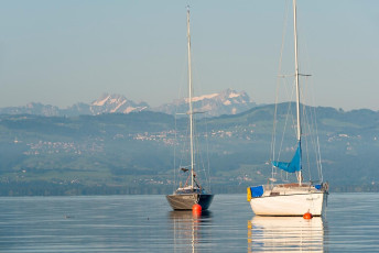 Wasserburg 0478-2013, Ankernde Segelboote vor der Alpenkulisse