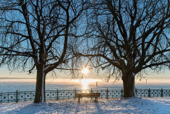 Friedrichshafen 1304-2016, Wintersonnenaufgang an Bank beim Schl