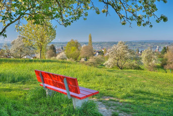 Überlingen 2578-2018 HDR, Bank beim Heiligengrundweg im Frühli