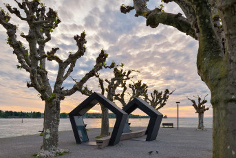 Konstanz 2075-2023 HDR, Kunstwerk unter Platanen beim Stadtgarte