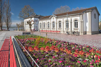 Überlingen 4760-2023, Blumenbeet vor alter Seerealschule