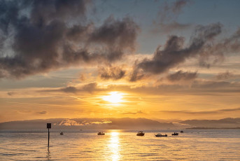 Arbon 0148-2024, Seezeichen und Fischer im Sonnenaufgang