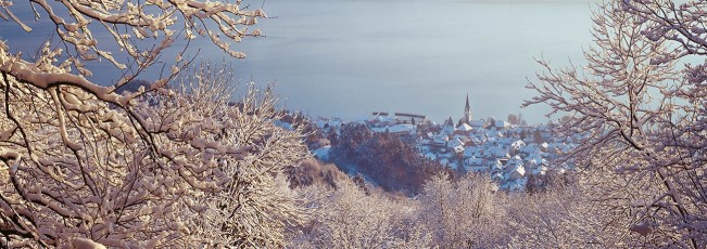 Sipplingen, Winterlicher Blick durch Bäume auf Ort