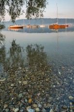 Ludwigshafen 0189-2012, Ufersteine und ankernde Boote vor dem Bo