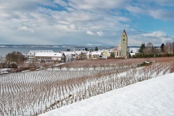 Hagnau 1023-2017, Pfarrkirche und Weinberge im Schnee
