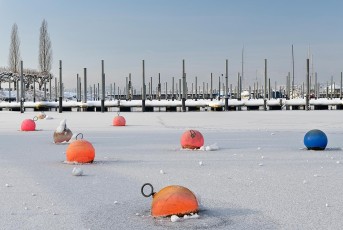 Unteruhldingen 0730-2021, Eingefrorene Bojen im Hafen