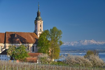 Birnau 0589-2022, Barockkirche und Alpen im Frühling